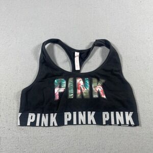 Victoria's Secret PINK Sports Bra Women L Black‎ Tropical Logo Racerback Y2K